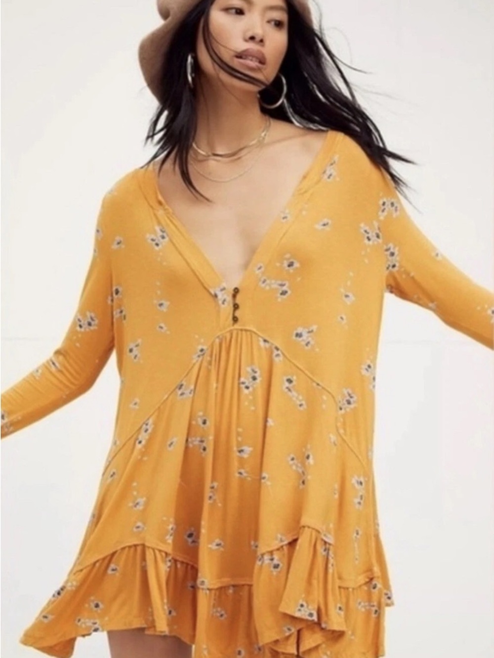 Free People Olivia Bohemian Floral V-Neck Tunic Dress
